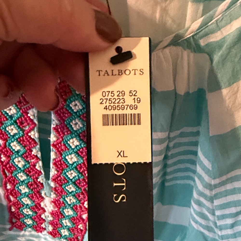NWT Talbots Turquoise and White Striped Peasant Top with beaded Panel - Picture 3 of 8